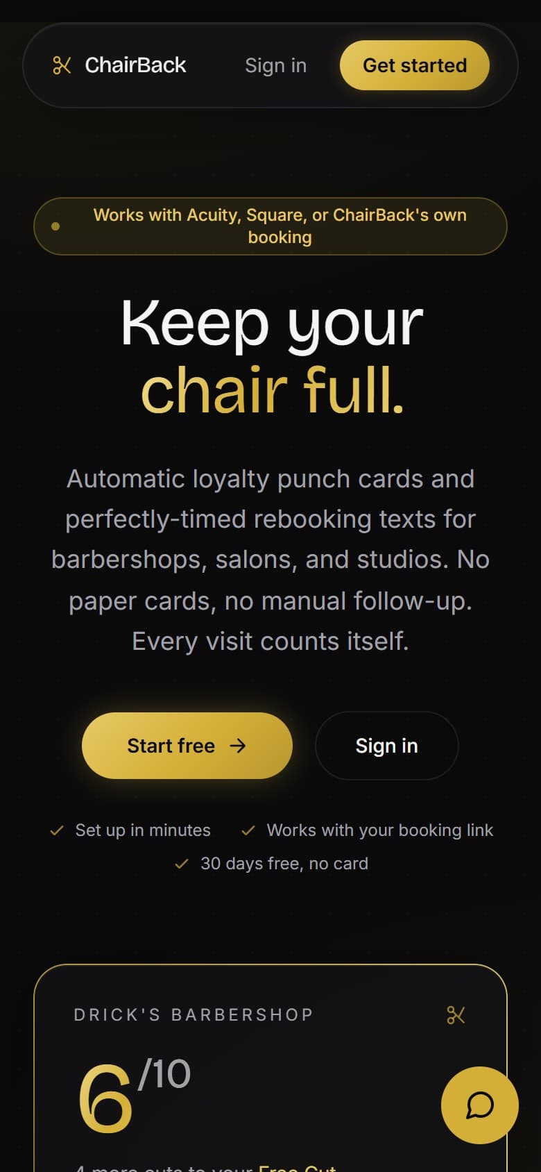 ChairBack homepage on a phone