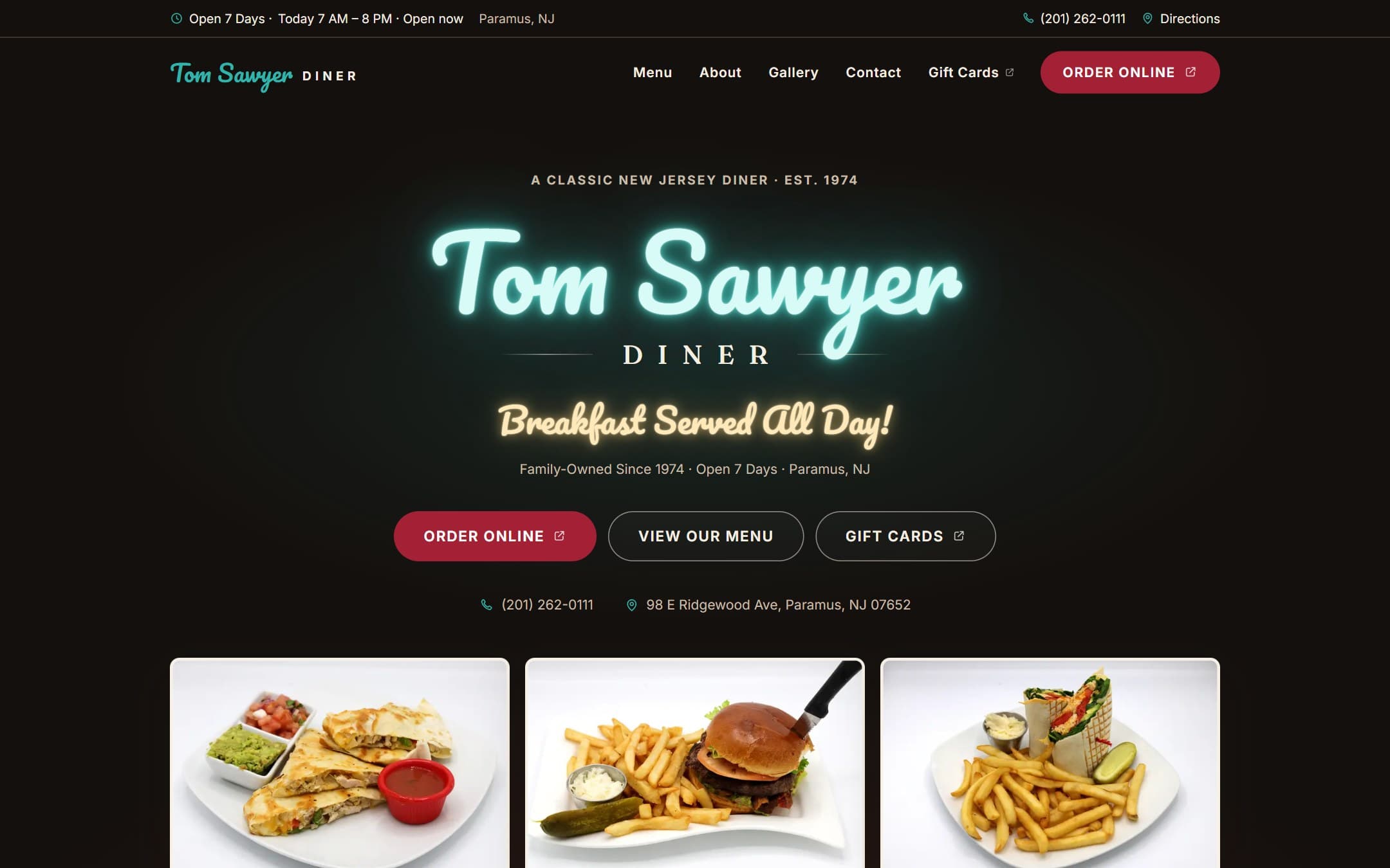 Tom Sawyer Diner redesign preview — neon wordmark, “Breakfast Served All Day”, and food photography